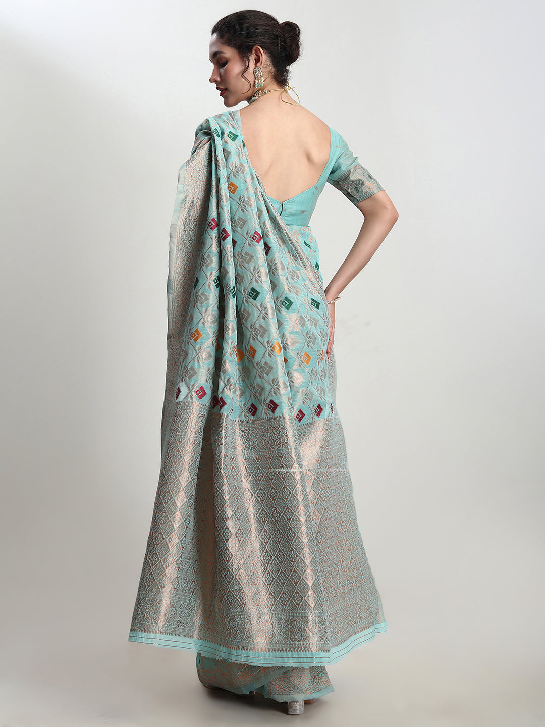 Janasya Sea Green Linen Blend Geometric Jacquard Saree