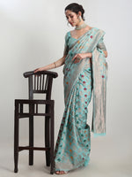 Thumbnail for Janasya Sea Green Linen Blend Geometric Jacquard Saree
