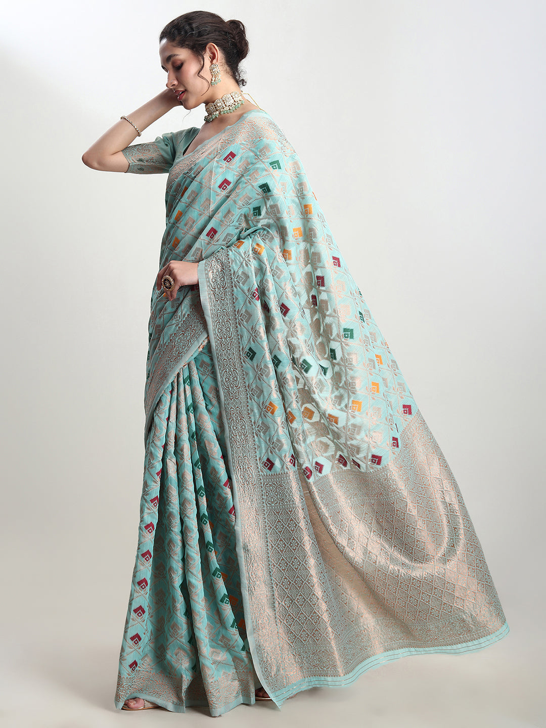 Janasya Sea Green Linen Blend Geometric Jacquard Saree