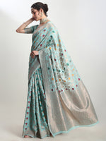 Thumbnail for Janasya Sea Green Linen Blend Geometric Jacquard Saree