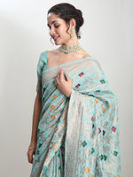 Thumbnail for Janasya Sea Green Linen Blend Geometric Jacquard Saree