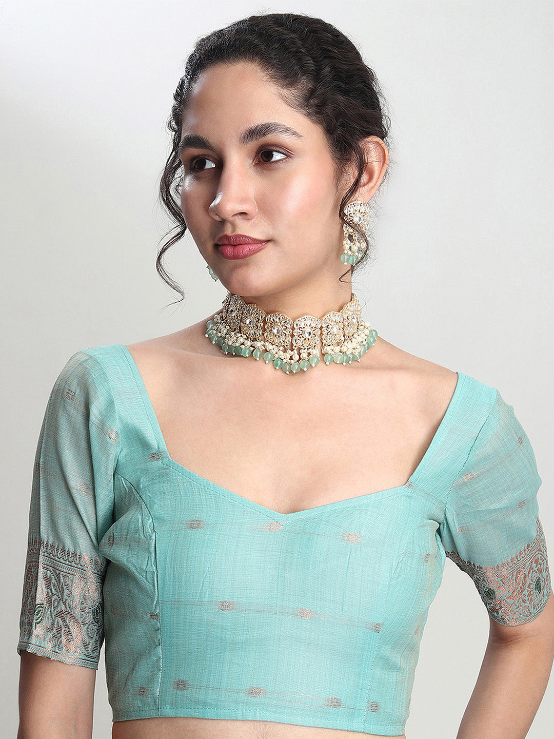 Janasya Sea Green Linen Blend Geometric Jacquard Saree