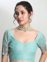 Thumbnail for Janasya Sea Green Linen Blend Geometric Jacquard Saree