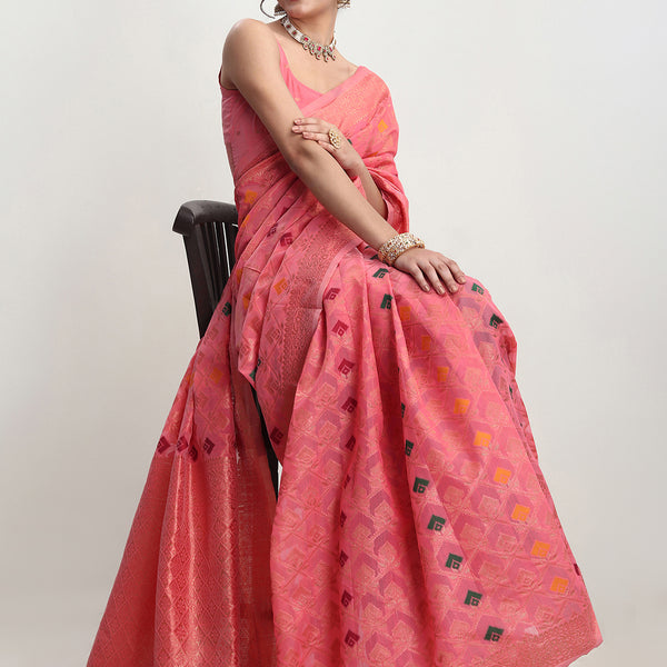Janasya Peach Linen Blend Geometric Jacquard Saree