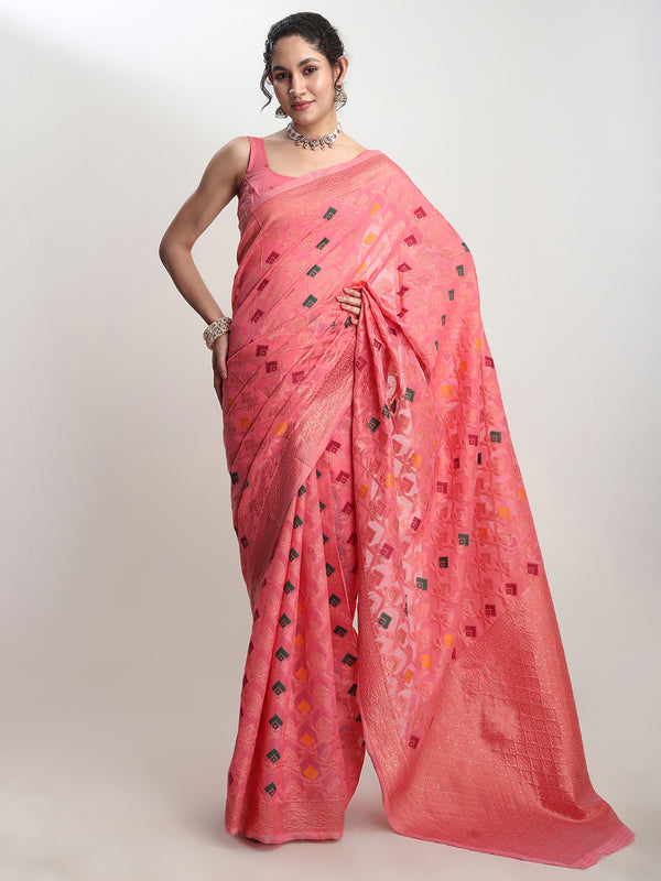 Janasya Peach Linen Blend Geometric Jacquard Saree
