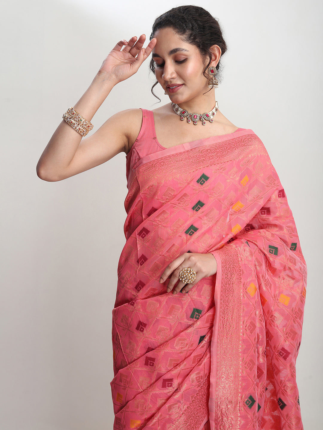 Janasya Peach Linen Blend Geometric Jacquard Saree