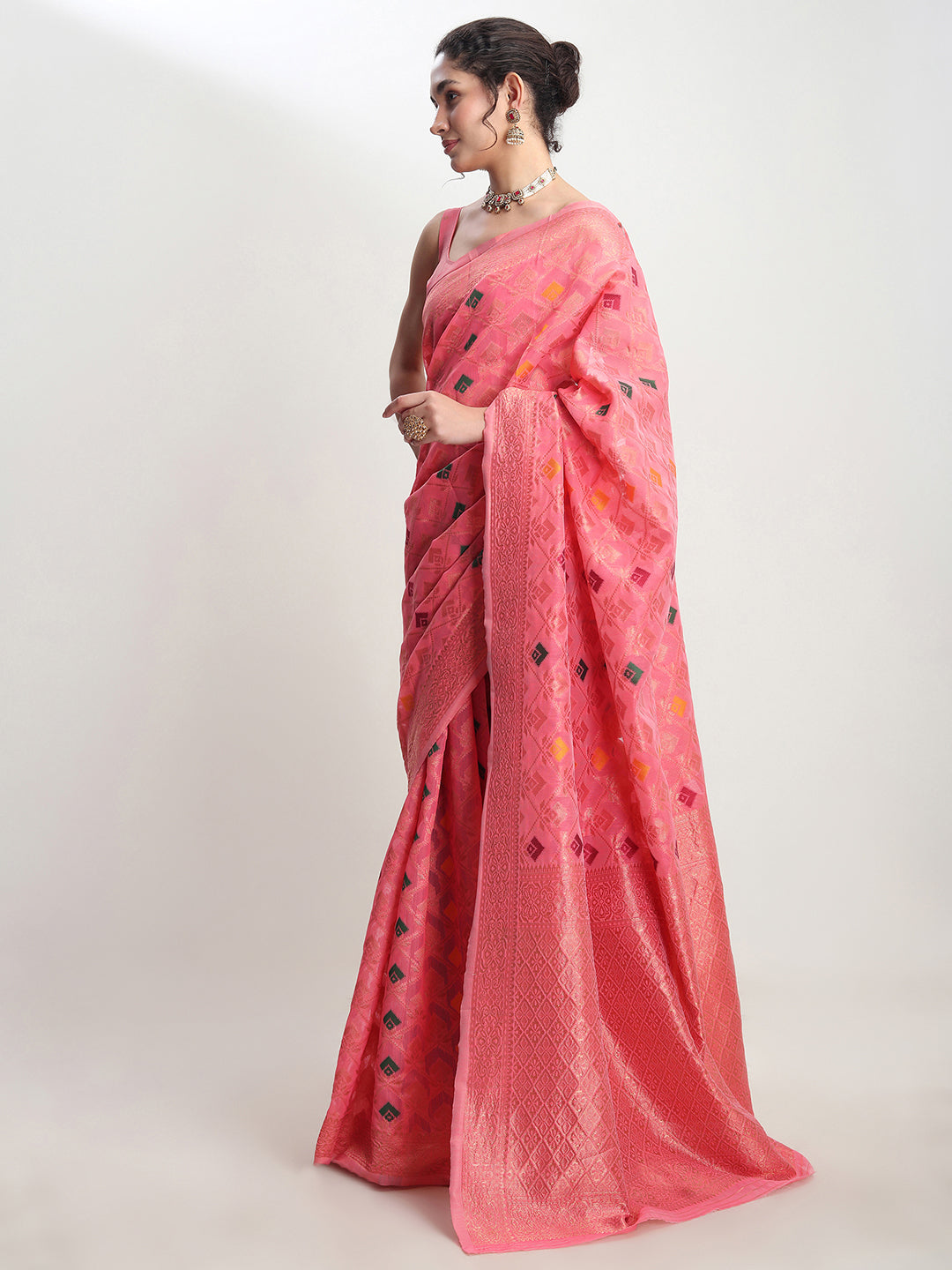 Janasya Peach Linen Blend Geometric Jacquard Saree