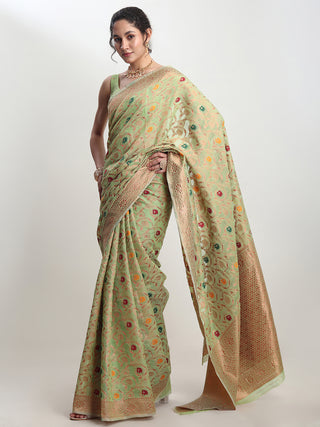Janasya Light Green Linen Blend Floral Jacquard Saree