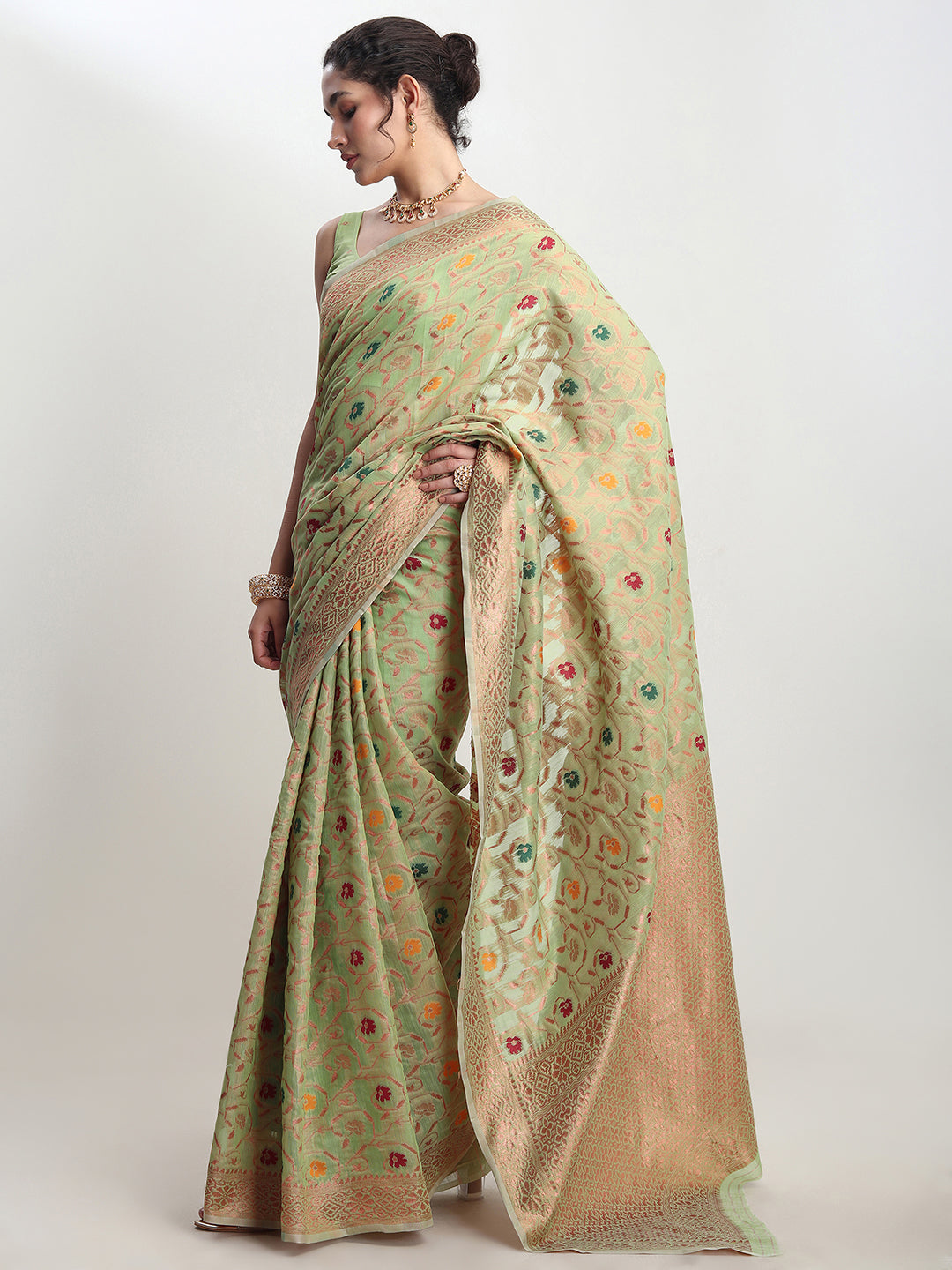 Janasya Light Green Linen Blend Floral Jacquard Saree