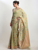 Thumbnail for Janasya Light Green Linen Blend Floral Jacquard Saree