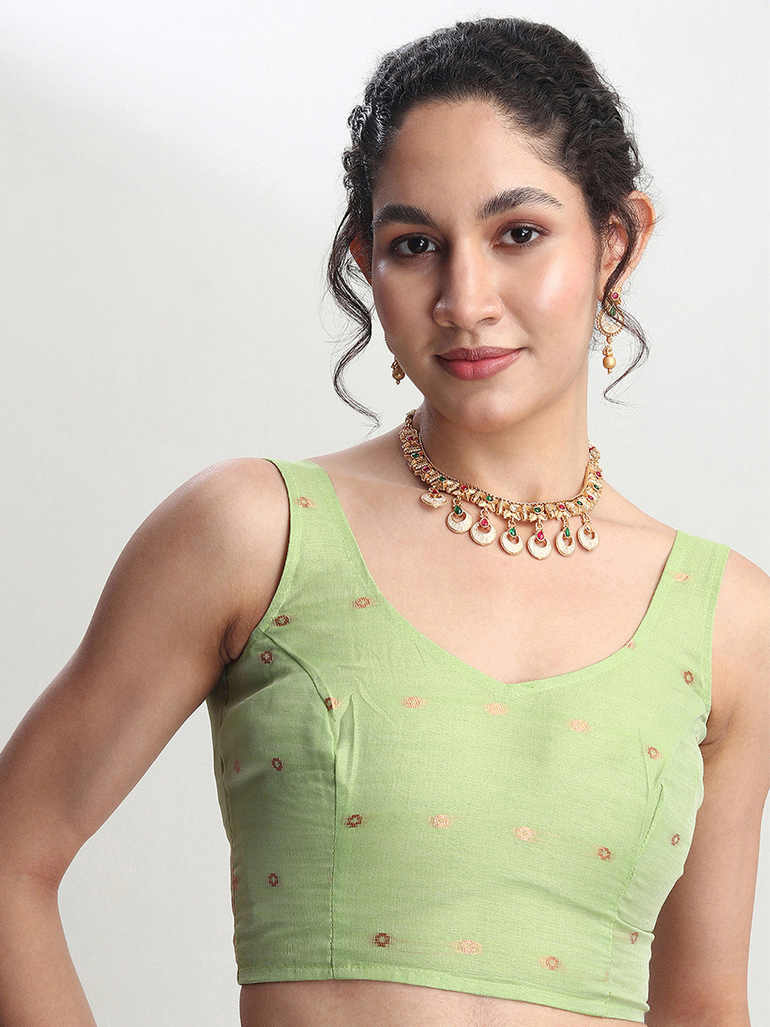 Janasya Light Green Linen Blend Floral Jacquard Saree