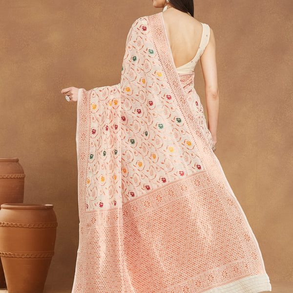 Janasya Light Peach Linen Blend Patola Jacquard Saree