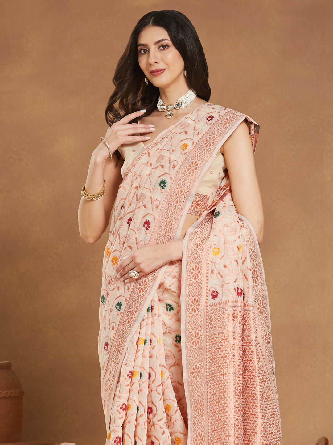Janasya Light Peach Linen Blend Patola Jacquard Saree