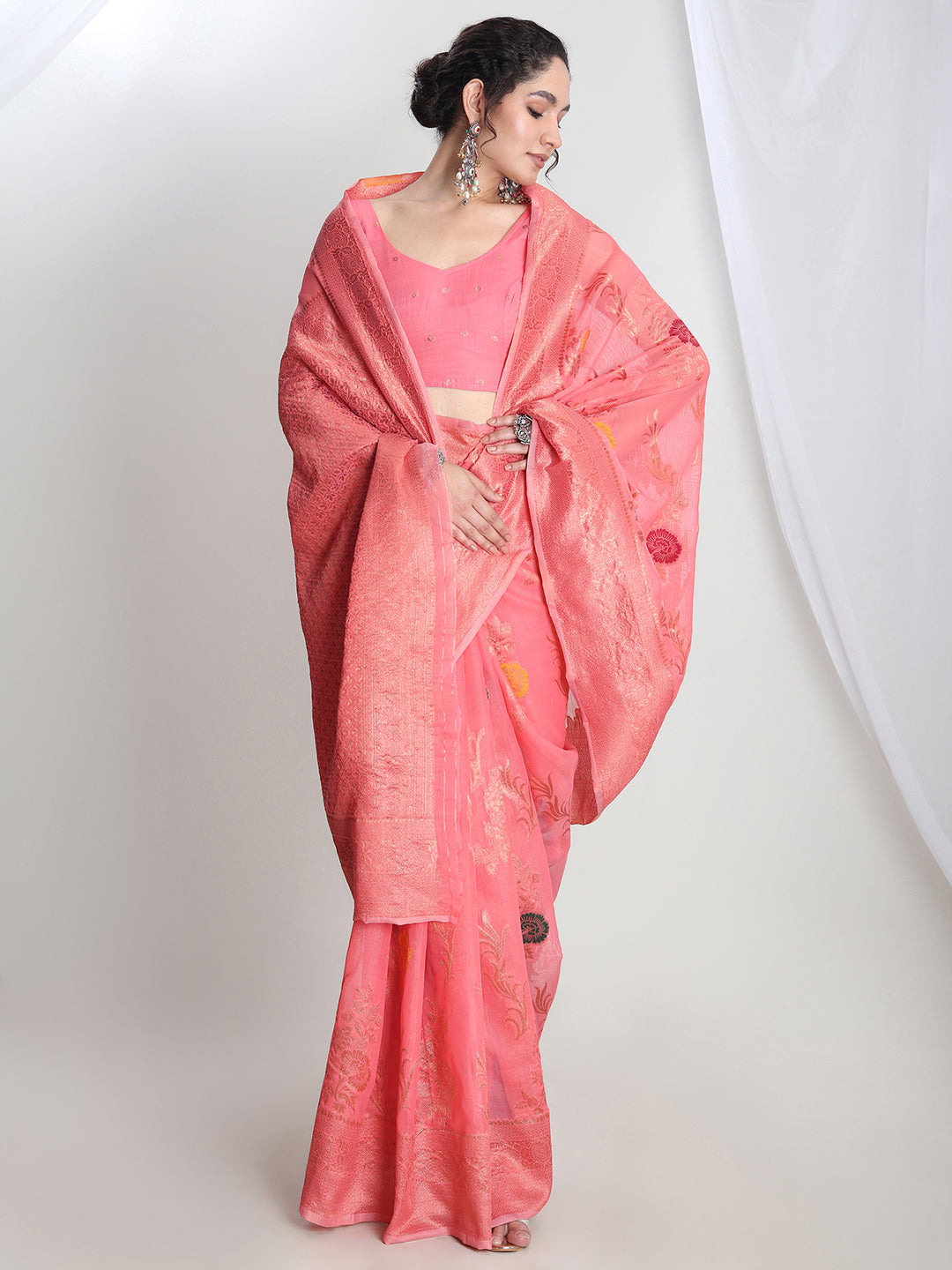 Janasya Peach Linen Blend Floral Jacquard Saree