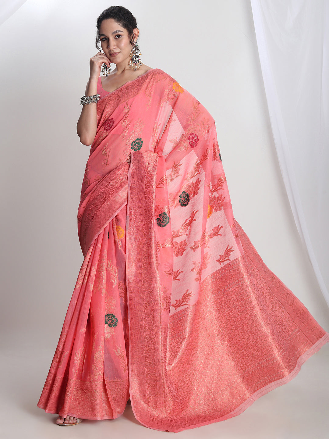 Janasya Peach Linen Blend Floral Jacquard Saree