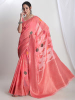 Thumbnail for Janasya Peach Linen Blend Floral Jacquard Saree