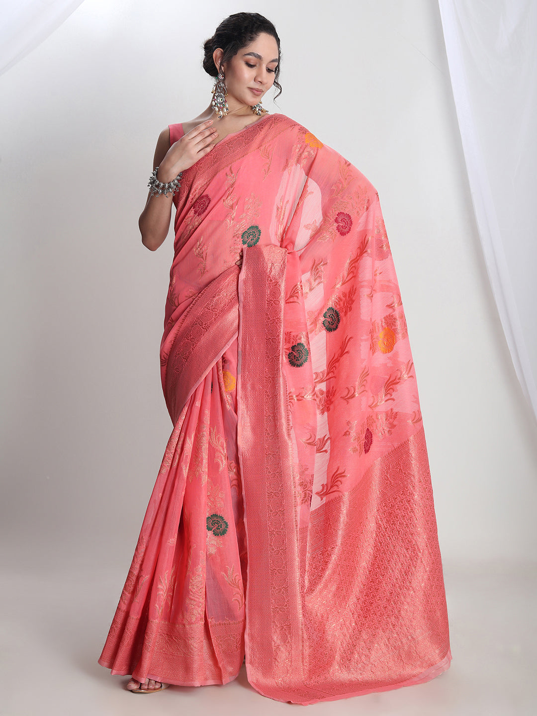 Janasya Peach Linen Blend Floral Jacquard Saree