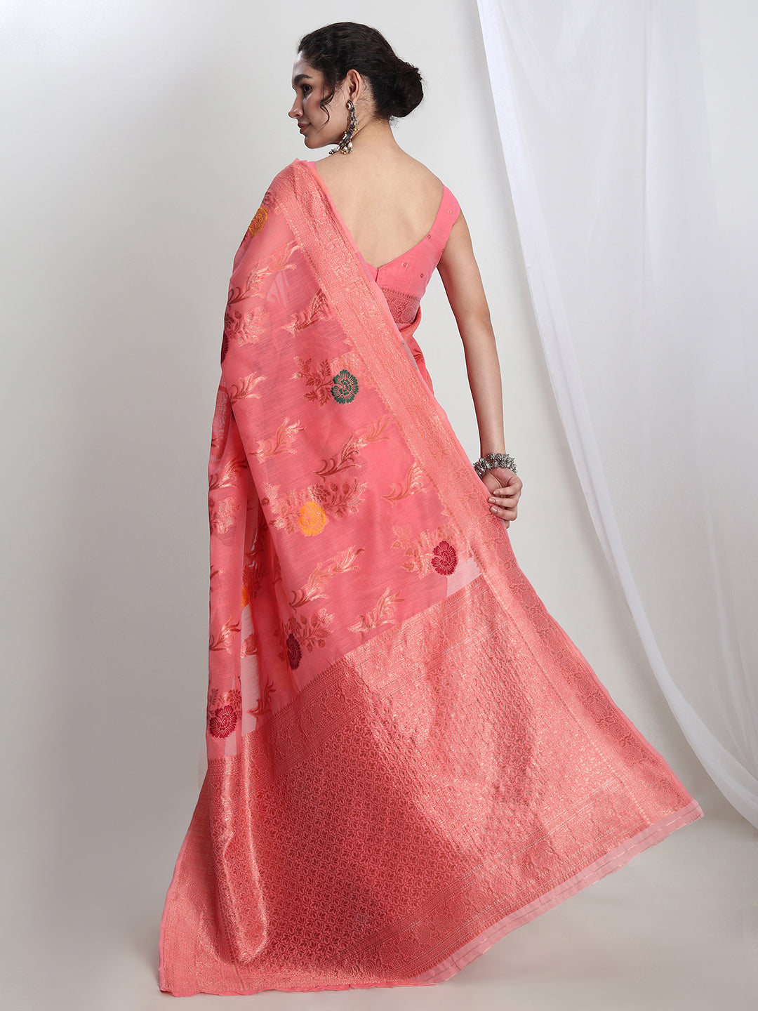 Janasya Peach Linen Blend Floral Jacquard Saree
