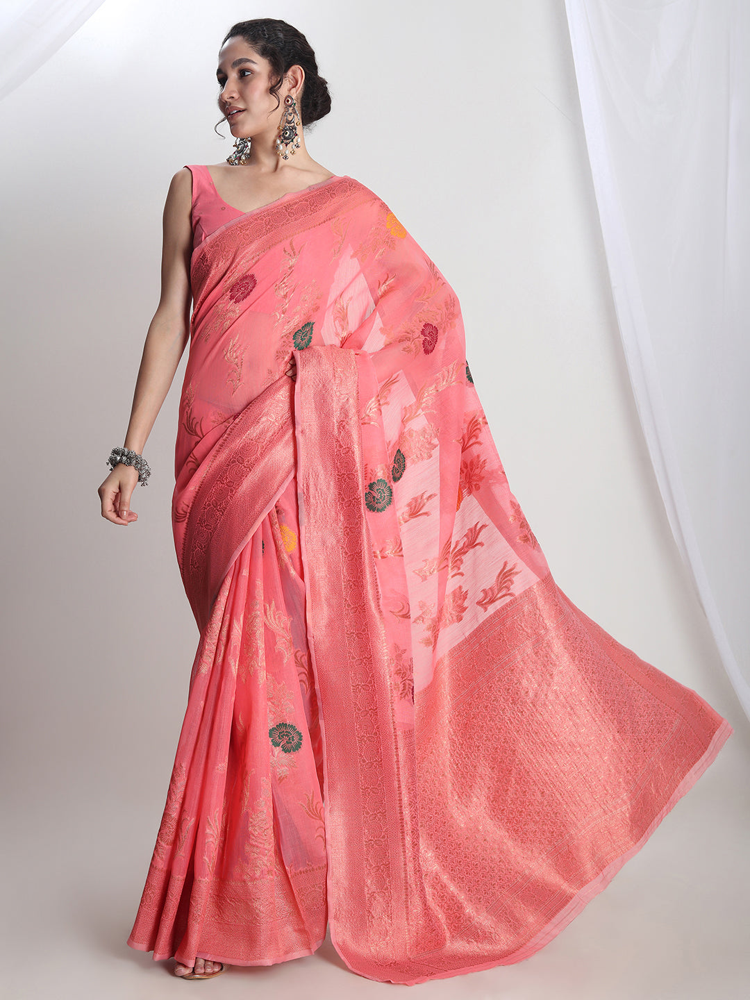 Janasya Peach Linen Blend Floral Jacquard Saree