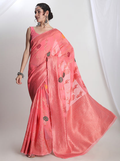 Janasya Peach Linen Blend Floral Jacquard Saree - Distacart