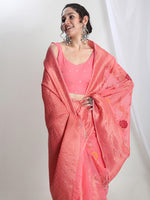 Thumbnail for Janasya Peach Linen Blend Floral Jacquard Saree