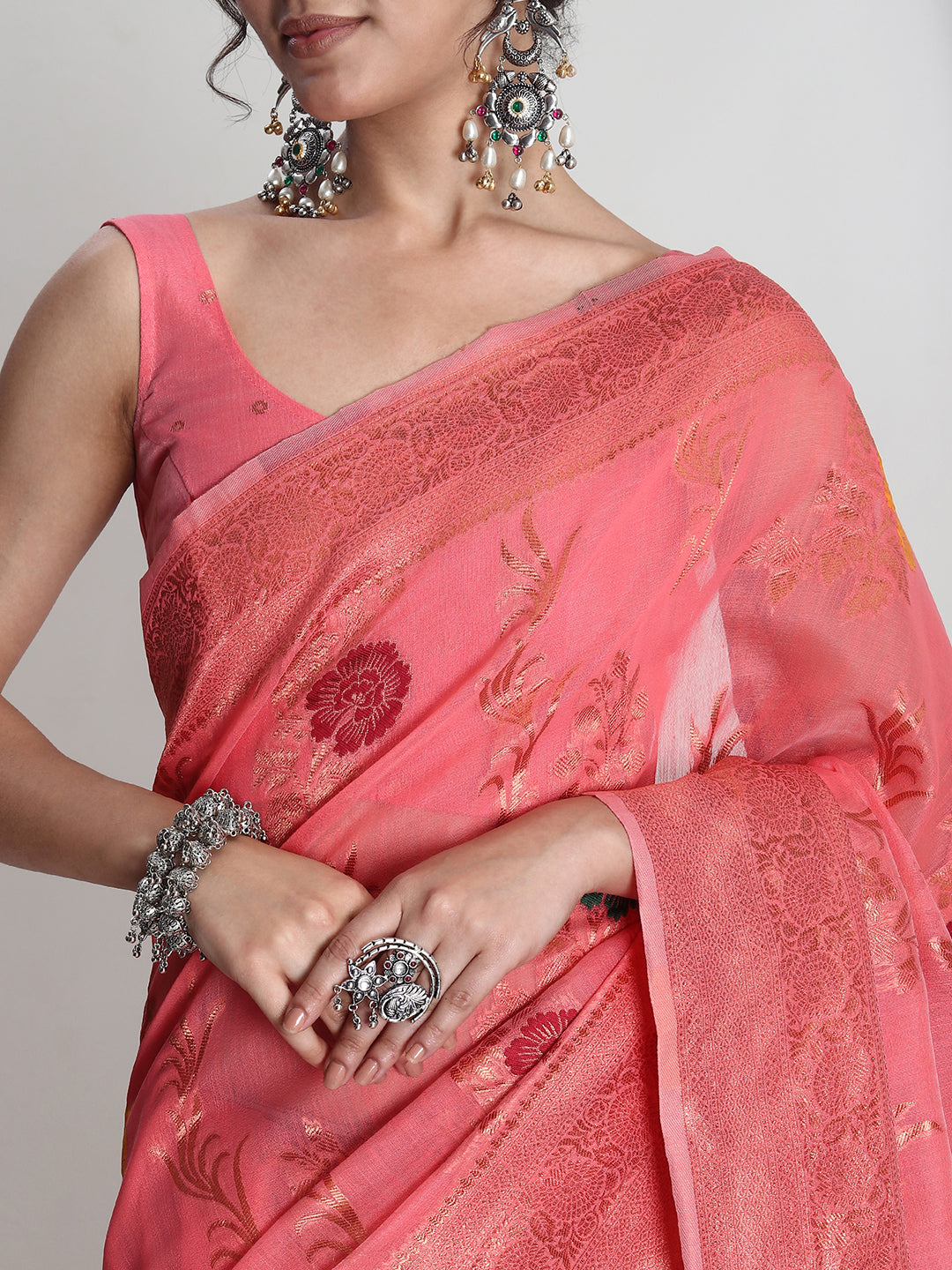 Janasya Peach Linen Blend Floral Jacquard Saree