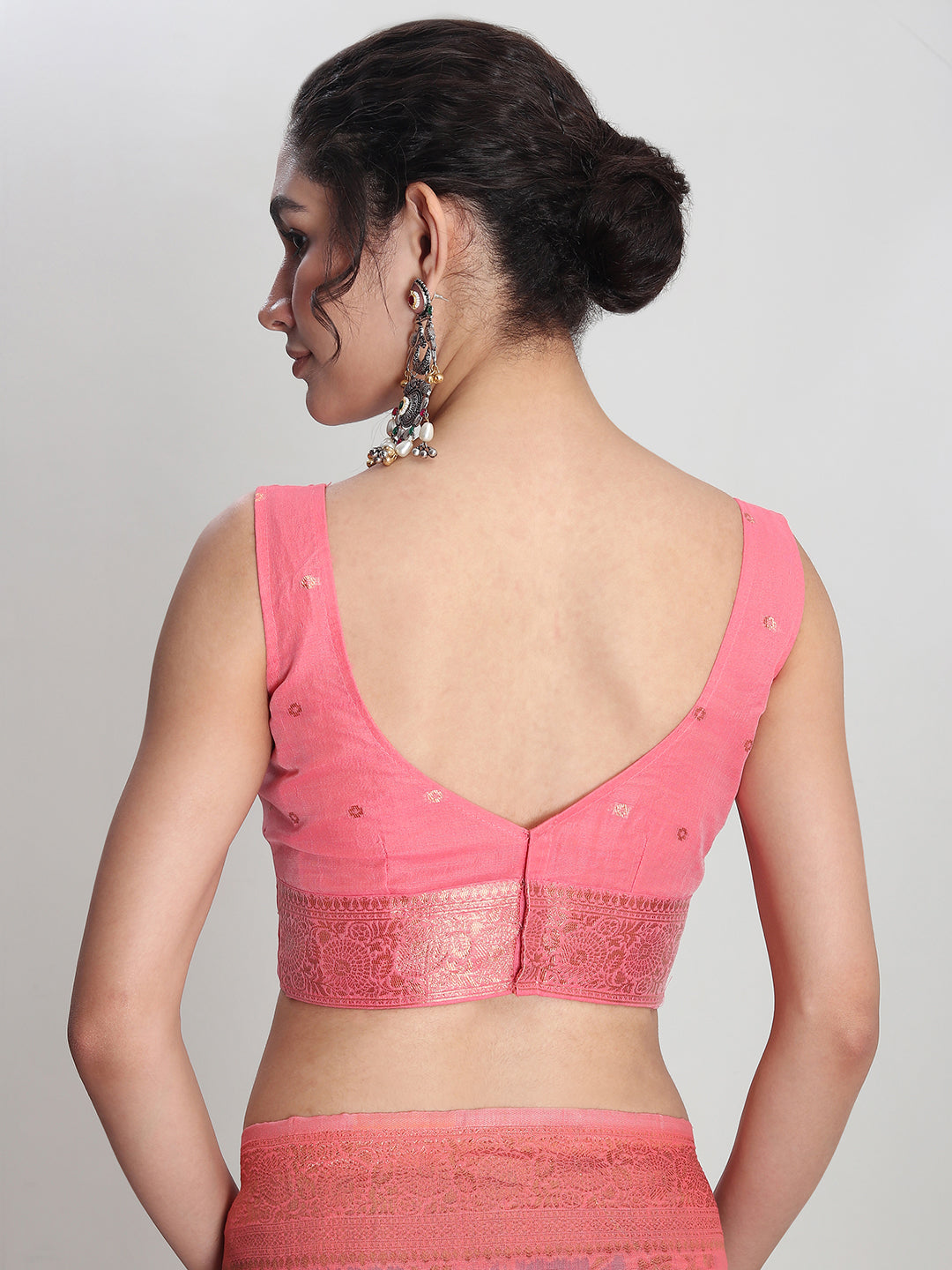 Janasya Peach Linen Blend Floral Jacquard Saree