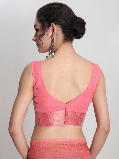 Janasya Peach Linen Blend Floral Jacquard Saree - Distacart