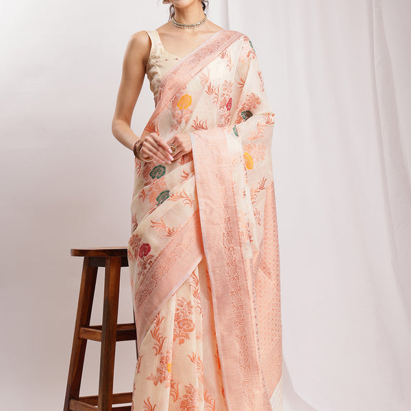 Janasya Orange Linen Blend Floral Jacquard Saree - Distacart