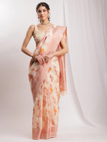 Thumbnail for Janasya Orange Linen Blend Floral Jacquard Saree