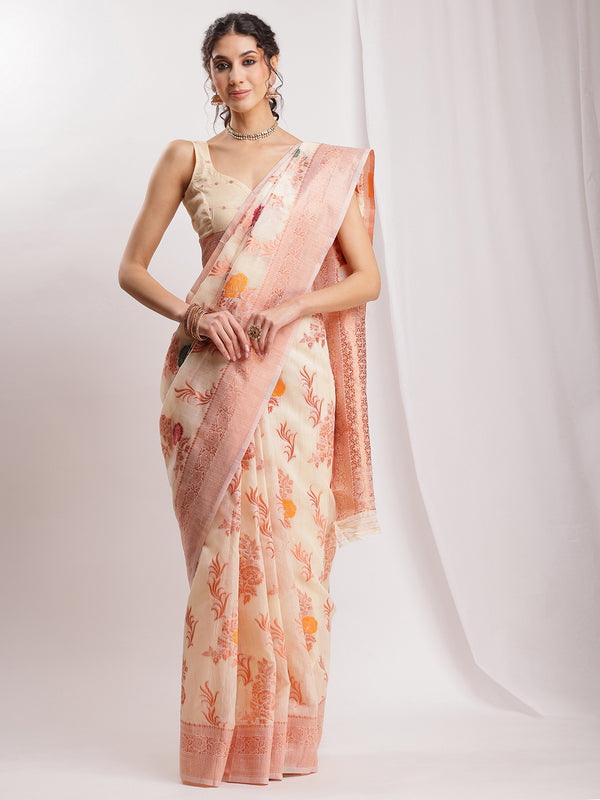 Janasya Orange Linen Blend Floral Jacquard Saree