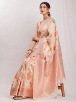Thumbnail for Janasya Orange Linen Blend Floral Jacquard Saree