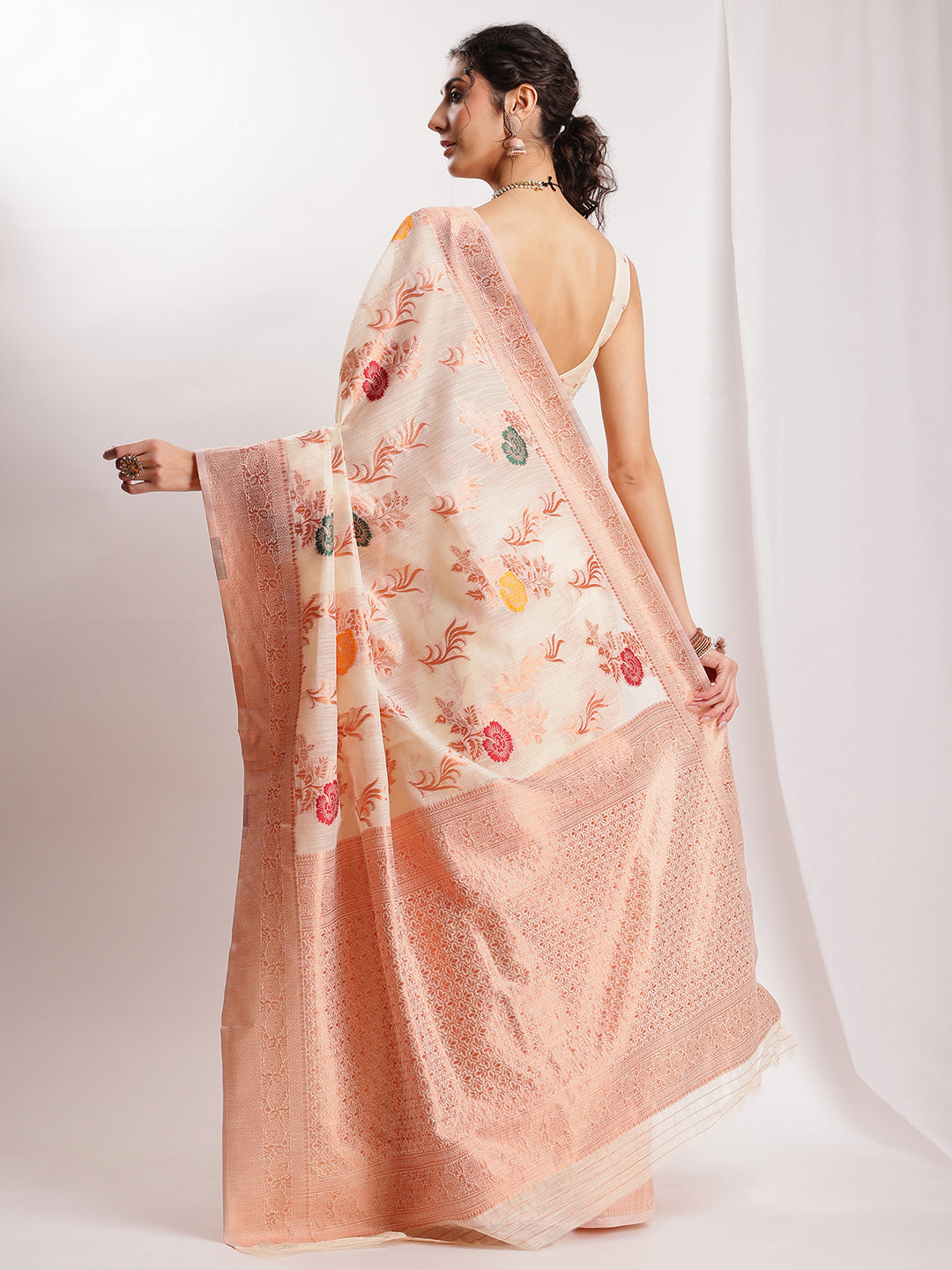 Janasya Orange Linen Blend Floral Jacquard Saree
