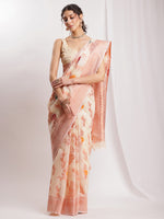 Thumbnail for Janasya Orange Linen Blend Floral Jacquard Saree