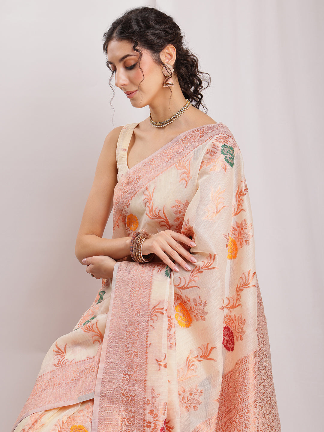 Janasya Orange Linen Blend Floral Jacquard Saree