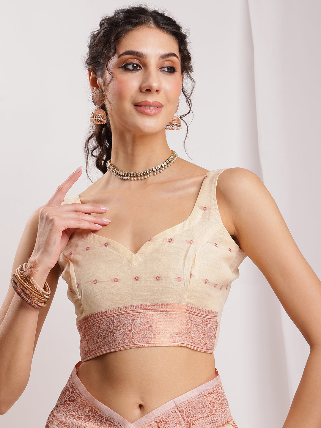 Janasya Orange Linen Blend Floral Jacquard Saree