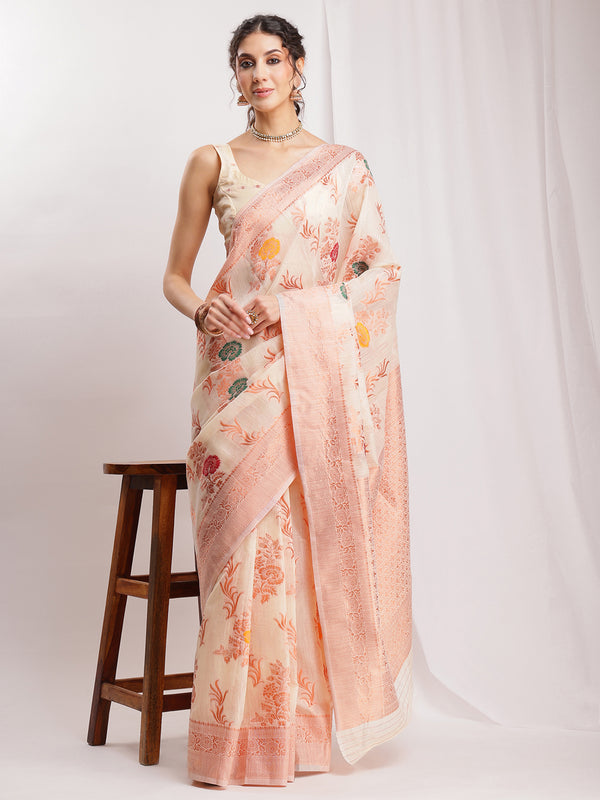 Janasya Orange Linen Blend Floral Jacquard Saree