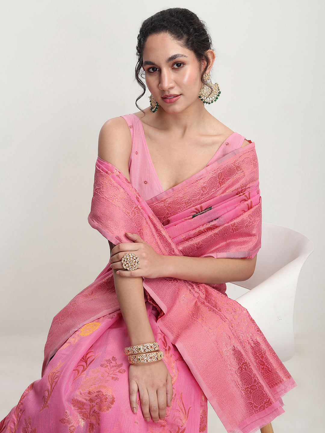 Janasya Pink Linen Blend Floral Jacquard Saree