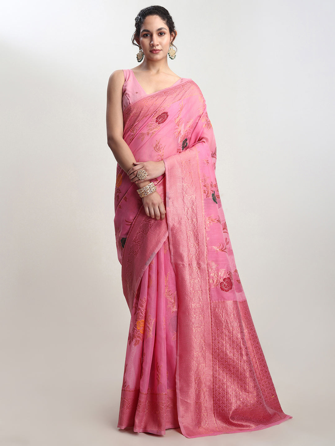 Janasya Pink Linen Blend Floral Jacquard Saree