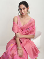 Thumbnail for Janasya Pink Linen Blend Floral Jacquard Saree