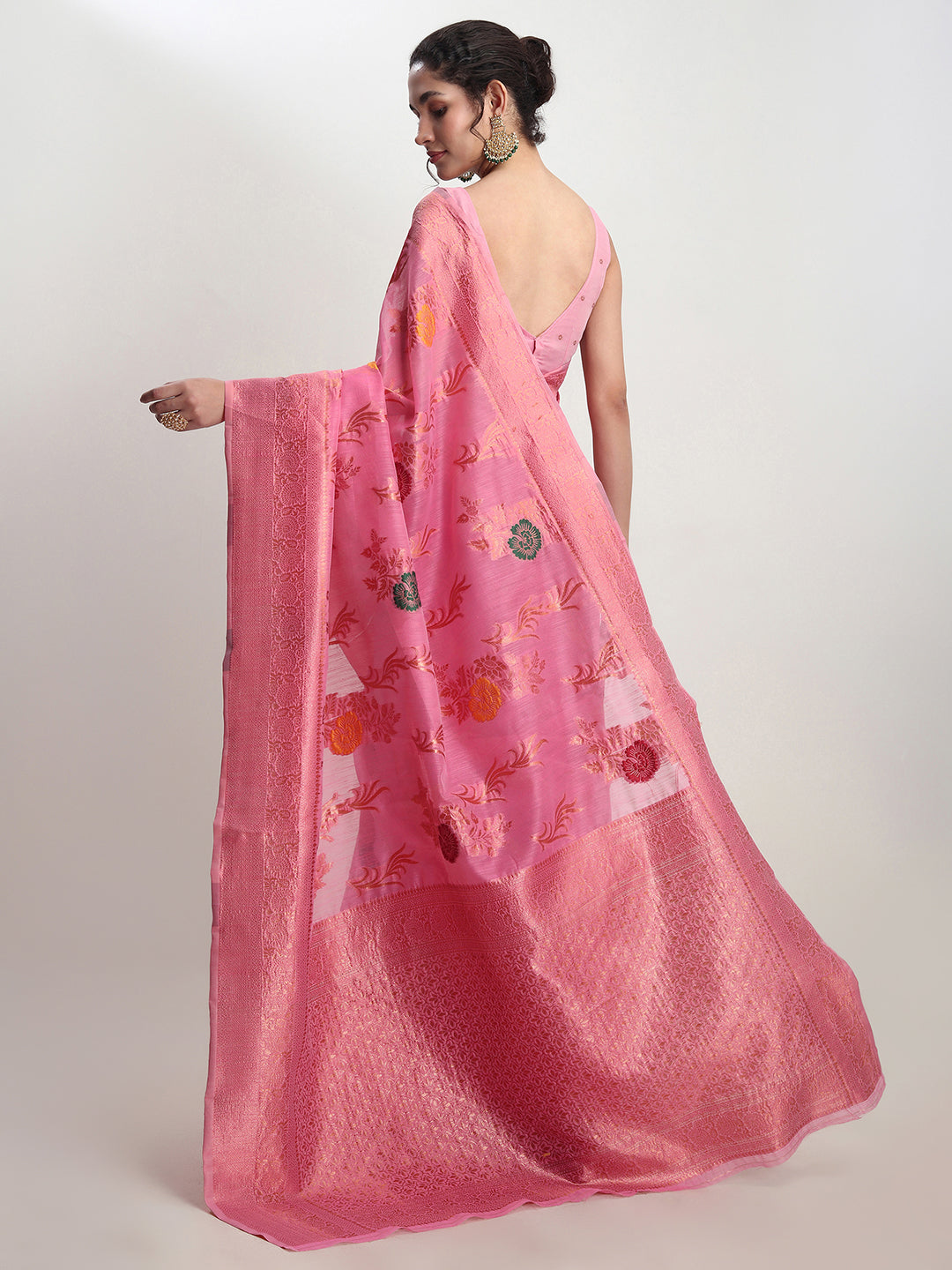 Janasya Pink Linen Blend Floral Jacquard Saree