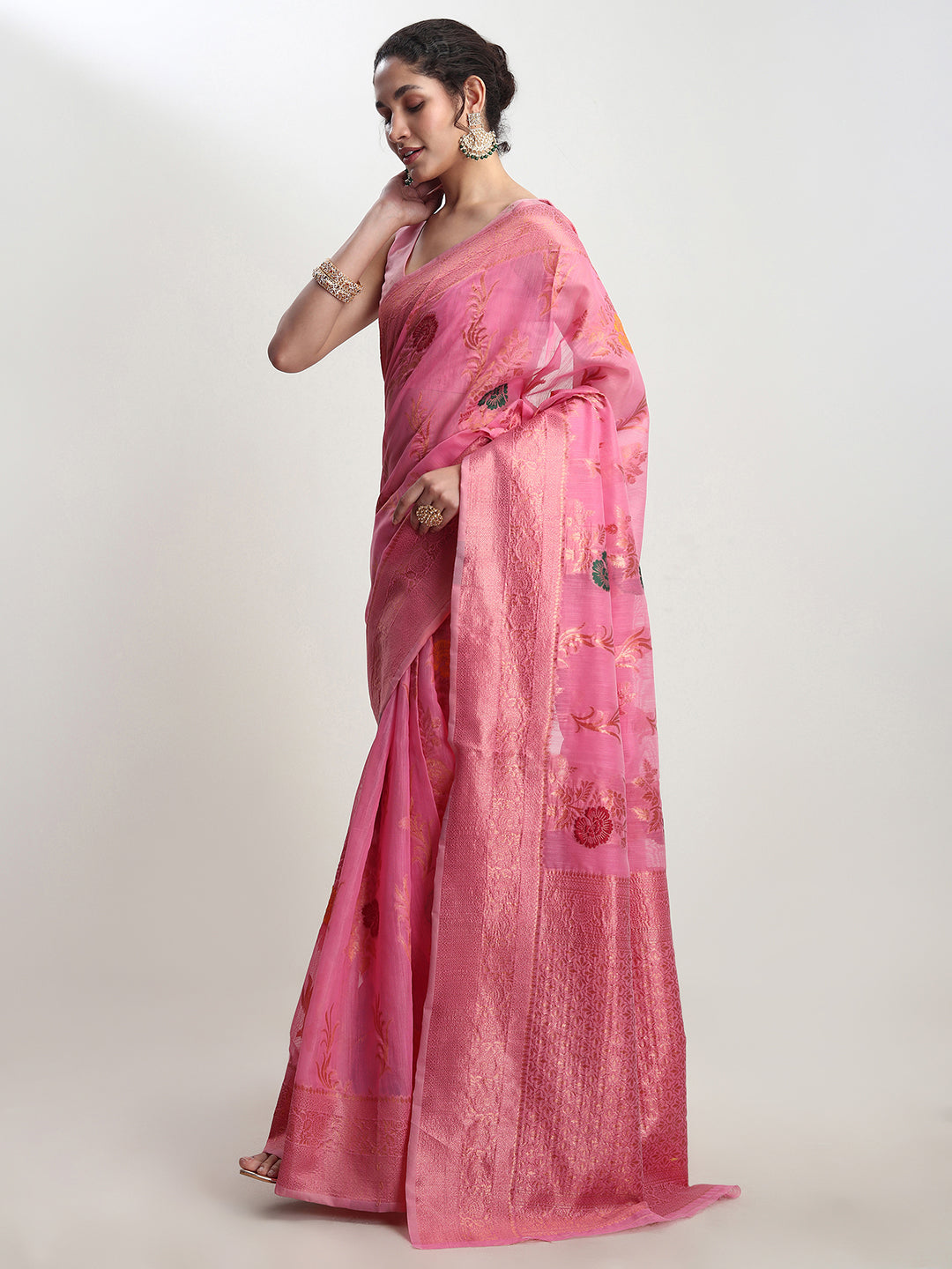 Janasya Pink Linen Blend Floral Jacquard Saree