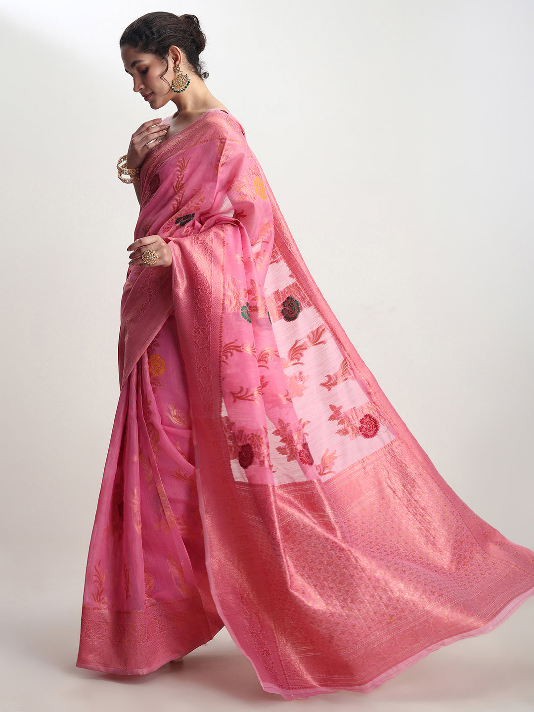 Janasya Pink Linen Blend Floral Jacquard Saree