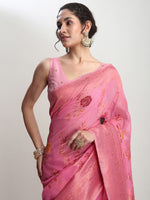 Thumbnail for Janasya Pink Linen Blend Floral Jacquard Saree