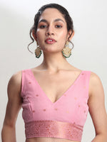 Thumbnail for Janasya Pink Linen Blend Floral Jacquard Saree
