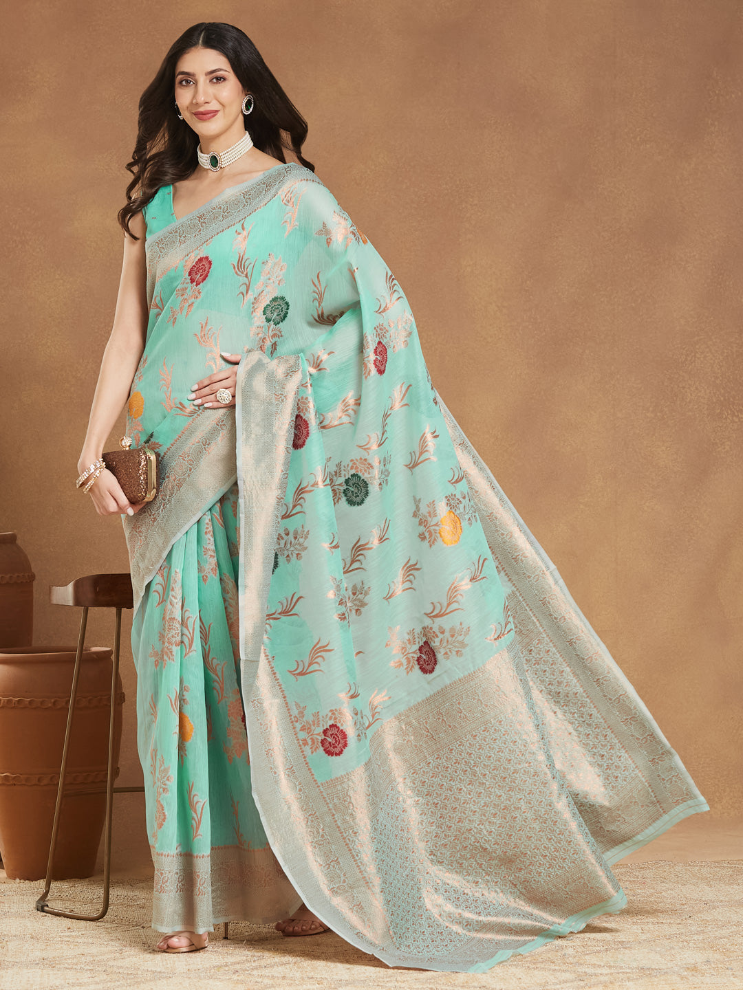 Janasya Sea Blue Linen Blend Floral Jacquard Saree