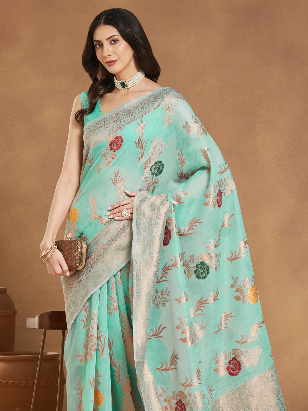 Janasya Sea Blue Linen Blend Floral Jacquard Saree