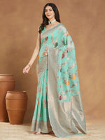 Thumbnail for Janasya Sea Blue Linen Blend Floral Jacquard Saree