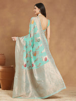 Thumbnail for Janasya Sea Blue Linen Blend Floral Jacquard Saree