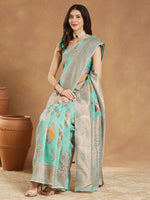 Thumbnail for Janasya Sea Blue Linen Blend Floral Jacquard Saree